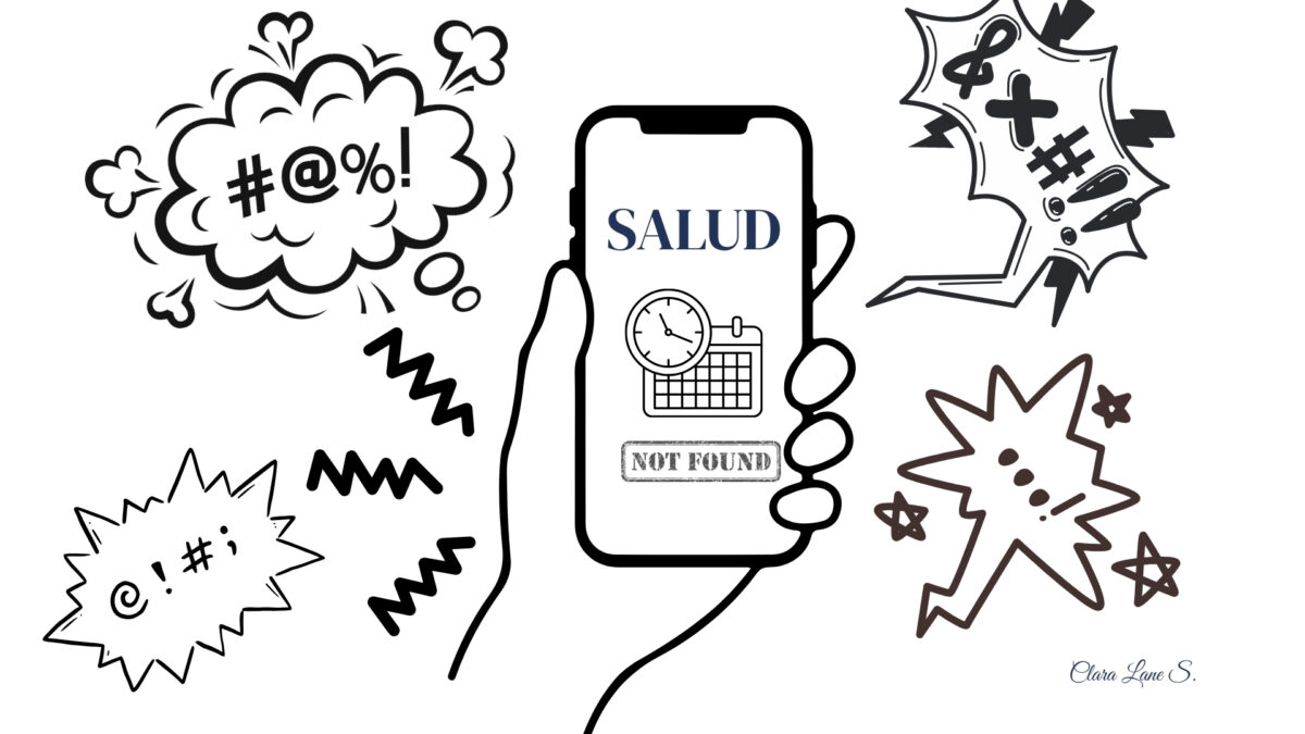Ilustración en blanco y negro de una mano sujetando un móvil con la palabra “SALUD” y el mensaje “Not found”, rodeado de bocadillos de enfado y símbolos de frustración, representando la dificultad para pedir cita médica en el centro de salud.