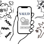 Pedir cita médica en España, ¡que empiece el juego! Ilustración en blanco y negro de una mano sujetando un móvil con la palabra “SALUD” y el mensaje “Not found”, rodeado de bocadillos de enfado y símbolos de frustración, representando la dificultad para pedir cita médica en el centro de salud.