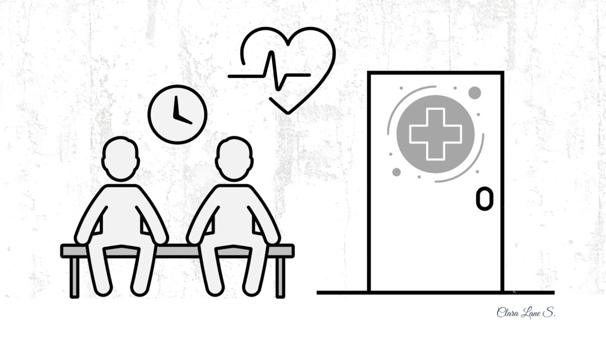 Persona sentada en la sala de espera de un centro de salud esperando su turno con resignación