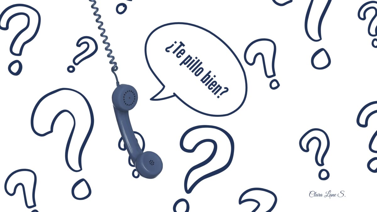 Dibujo en blanco y negro: llamada telefónica con ‘¿Te pillo bien?’ y fondo lleno de dudas.