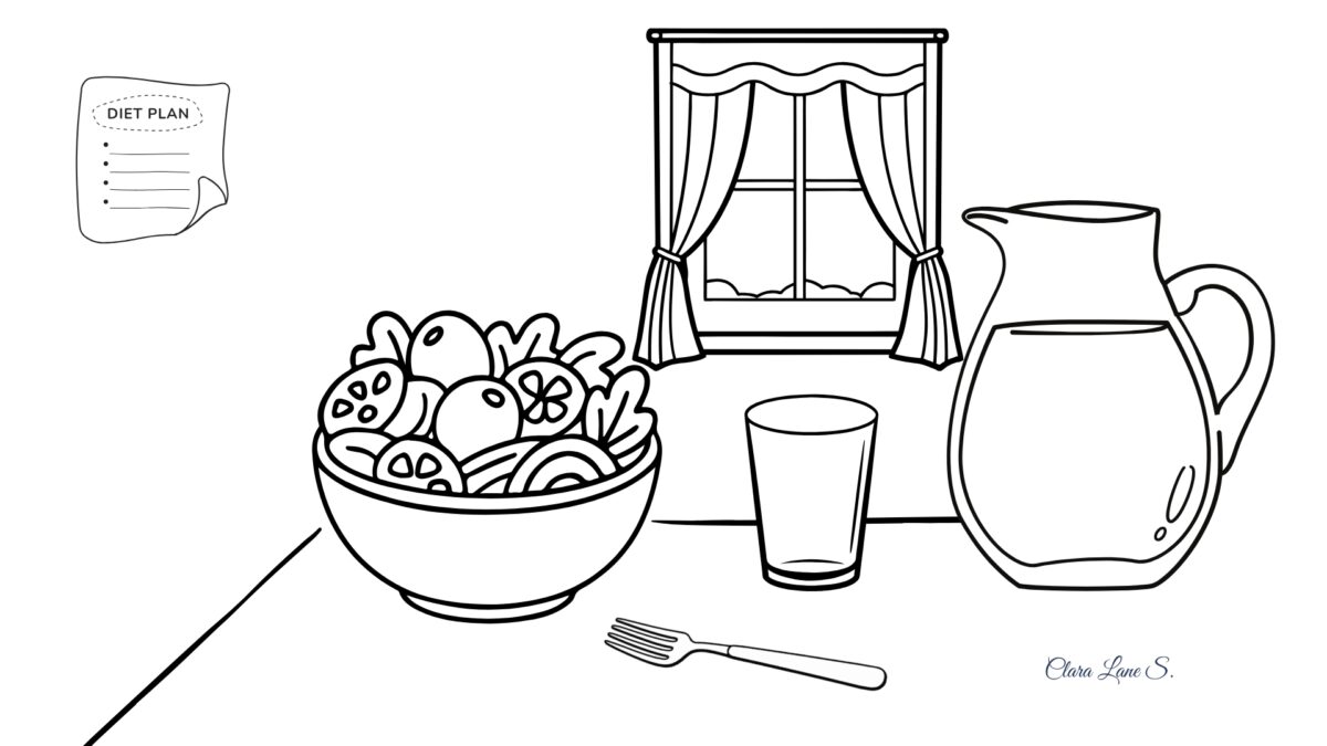 Ilustración minimalista de una mesa con ensalada y agua, una escena cotidiana de comer sano sin perder la dignidad.