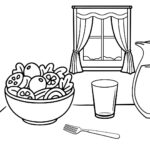 Ilustración minimalista de una mesa con ensalada y agua, una escena cotidiana de comer sano sin perder la dignidad.